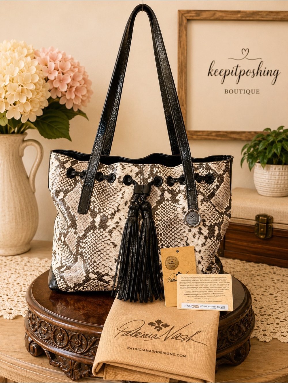 Patricia Nash 10th Anniversary Black and Cream Snake-Print Tote with Tassel